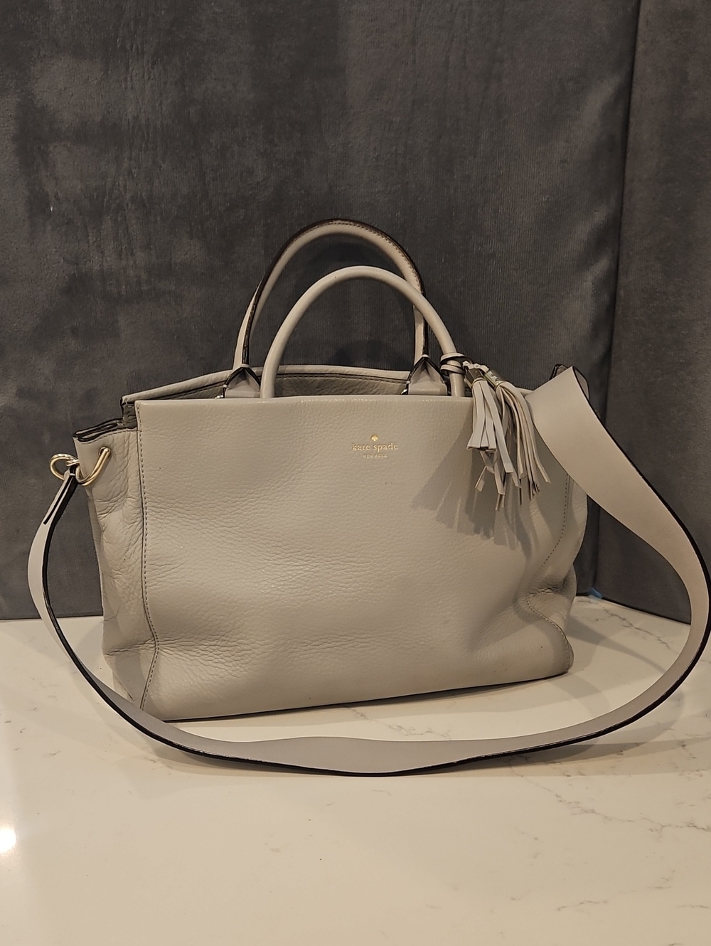 kate spade Light Gray Leather Satchel with Tassel Accent